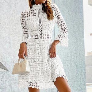 White mock neck Mesh Insert Flounce Sleeve Lace Dress